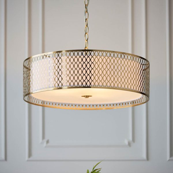 Cagney 3 Light White Fabric Shade Pendant Light In Gold | Bed Sava