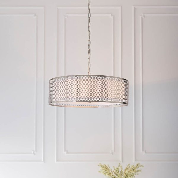 Cagney 3 Light White Fabric Shade Pendant Light In Satin Nickel | Bed Sava