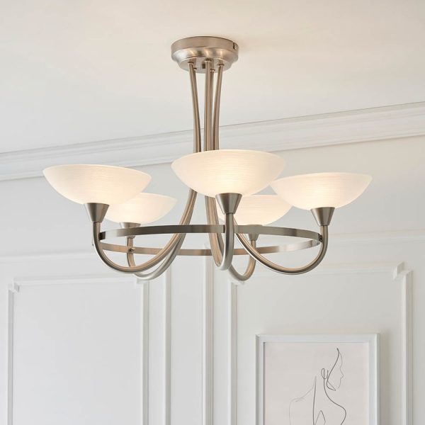 Cagney 5 Light White Glass Shade Flush Light In Satin Chrome | Bed Sava
