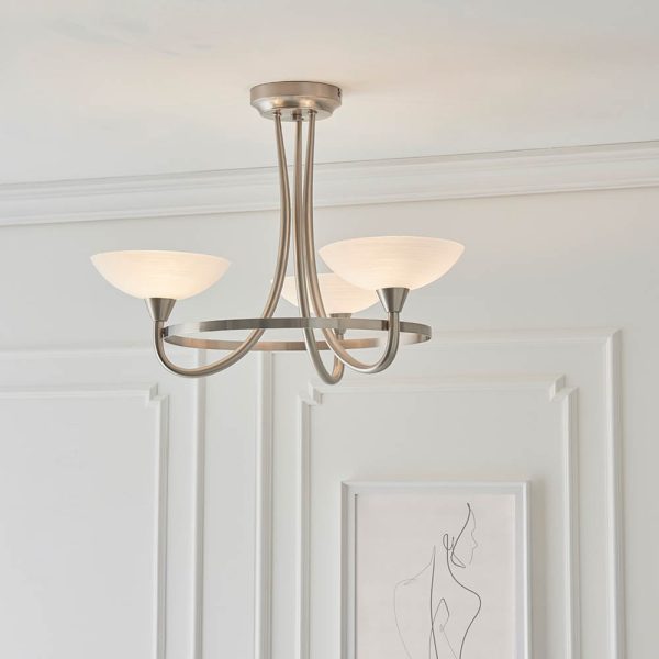 Cagney 3 Light White Glass Shade Flush Light In Satin Chrome | Bed Sava