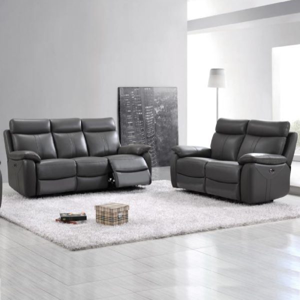 Caguas Leather Recliner 3+2 Seater Sofa Set In Dark Grey | Bed Sava