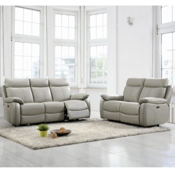 Caguas Leather Recliner 3+2 Seater Sofa Set In Light Grey | Bed Sava