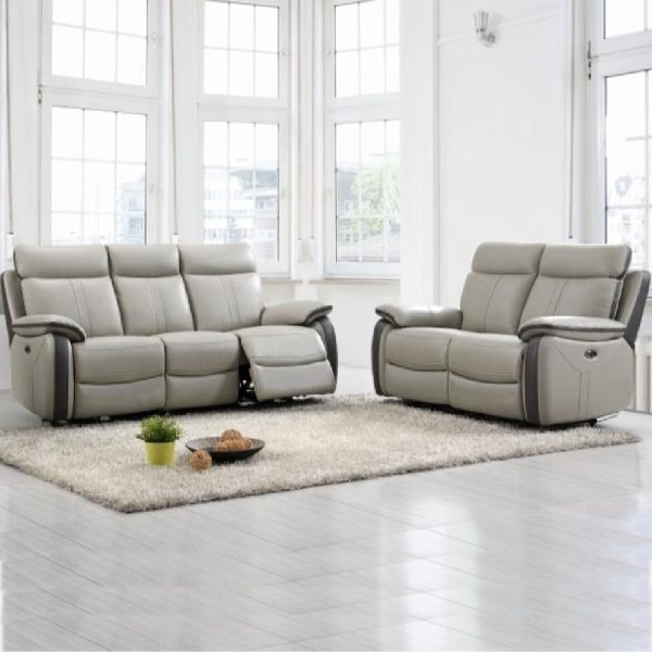 Caguas Leather Recliner 3+2 Seater Sofa Set In Dual Tone Light Grey | Bed Sava