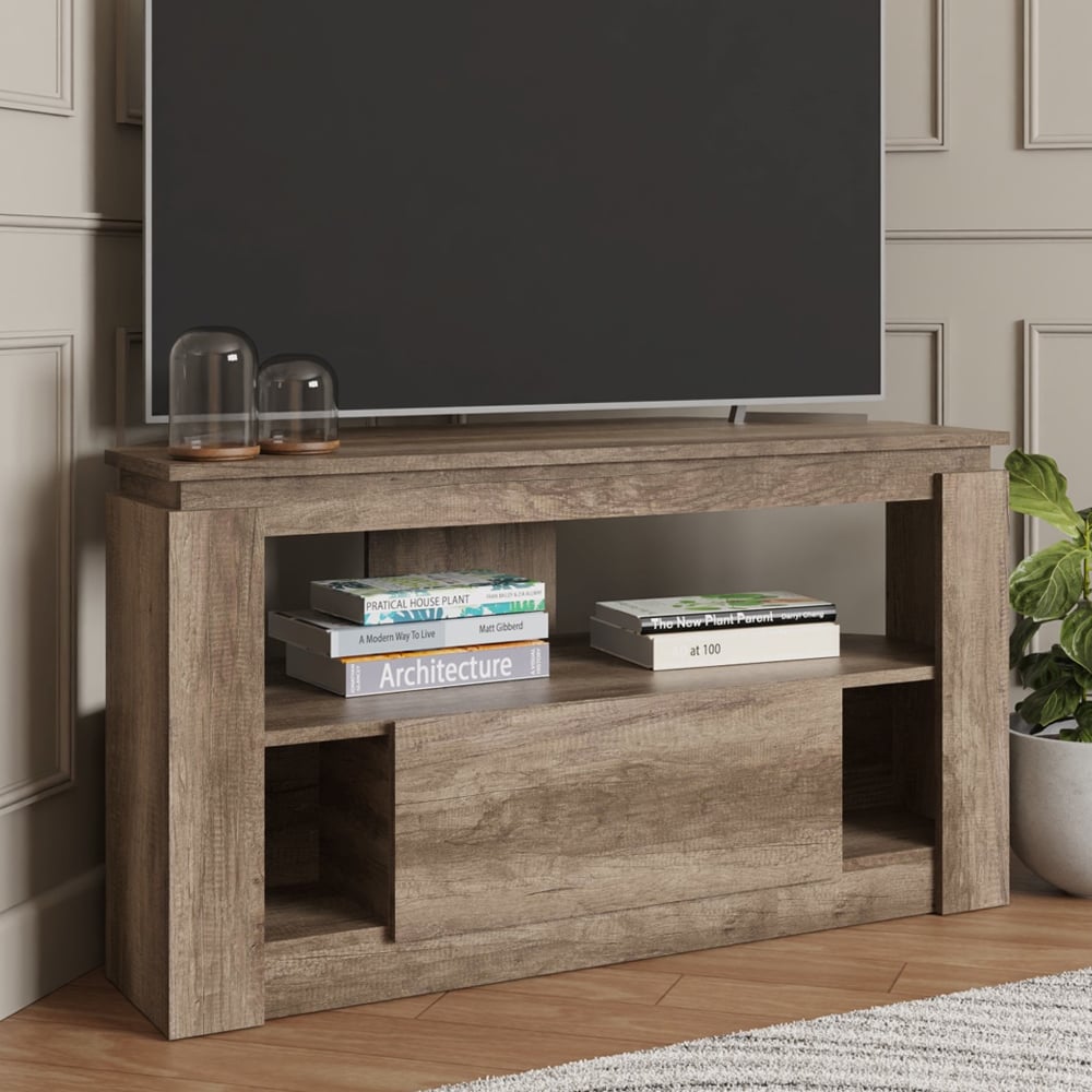 Caister Wooden Corner TV Stand With 1 Drawer In Grey Oak