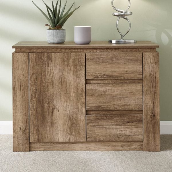 Caister Wooden Sideboard With 1 Door 3 Drawers In Grey Oak | Bed Sava