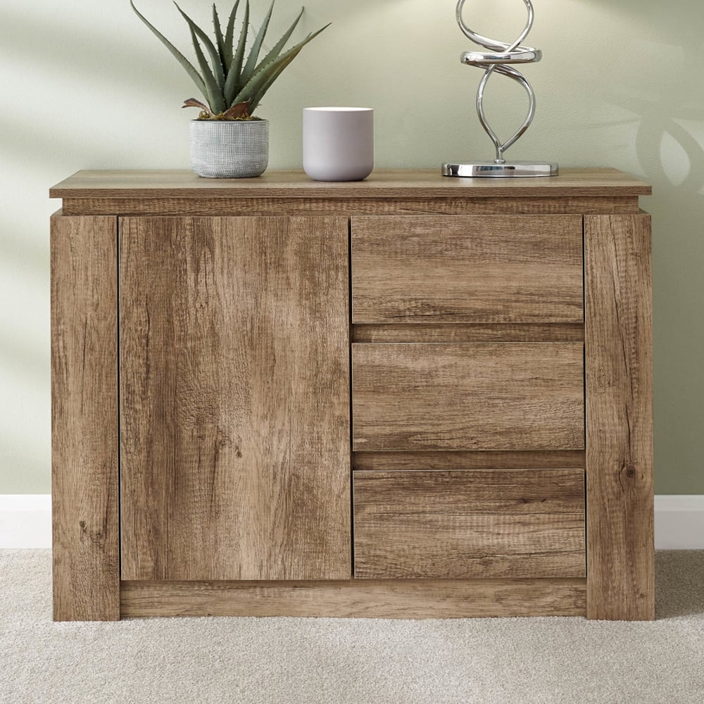 Caister Wooden Sideboard With 1 Door 3 Drawers In Grey Oak