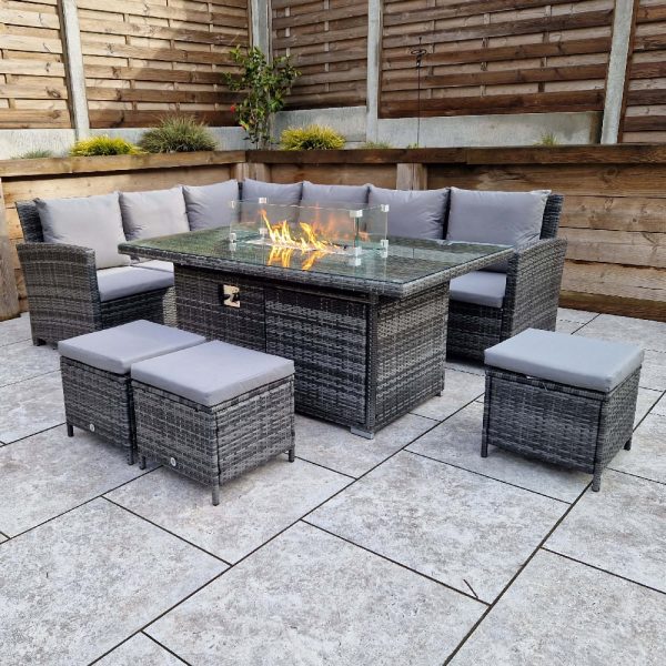 Calabar Glass Top Garden Corner Firepit Dining Set In Grey | Bed Sava