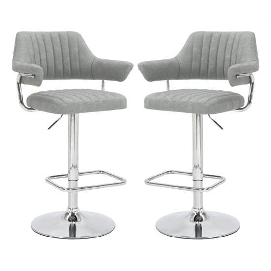 Calais Light Grey Leather Bar Stools With Chrome Base In Pair