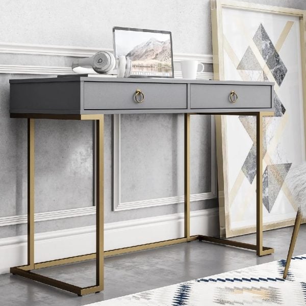 Calgary Wooden Laptop Desk With Gold Metal Frame In Graphite Grey | Bed Sava