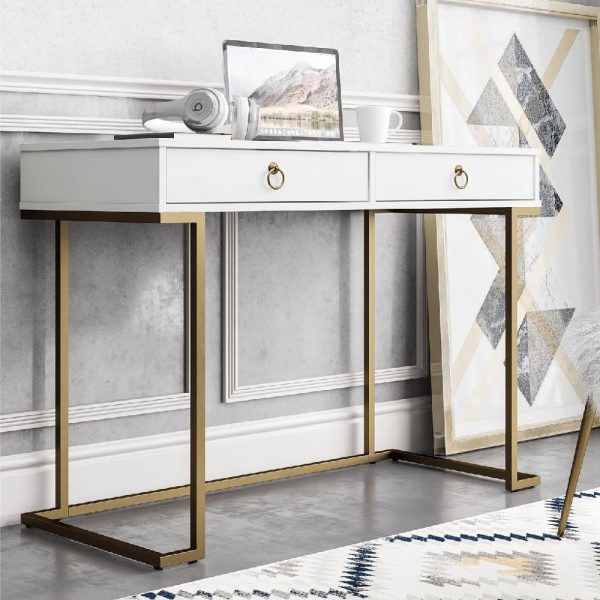 Calgary Wooden Laptop Desk With Gold Metal Frame In White | Bed Sava