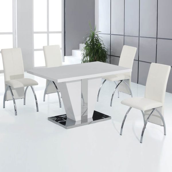Calhoun High Gloss Dining Table With 4 Chairs In White | Bed Sava