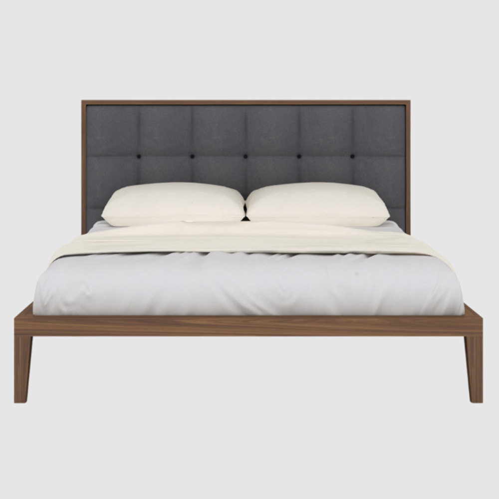 Calhoun Wooden King Size Bed With Grey Fabric Headboard In Walnut