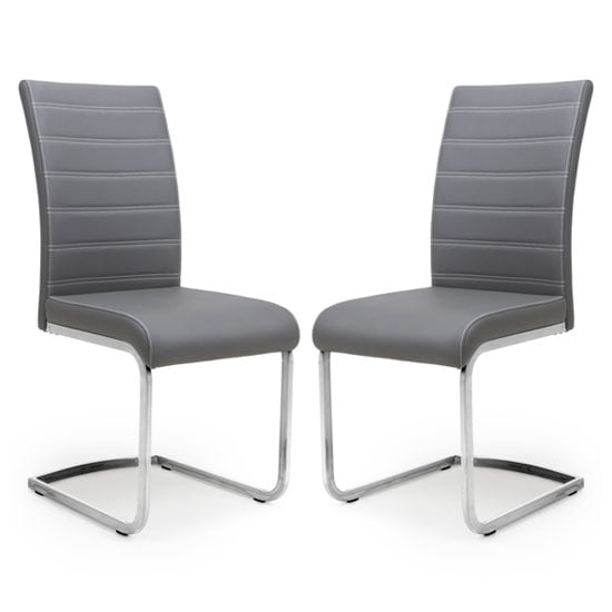 Conary Grey Leather Dining Chairs With Chrome Legs In Pair | Bed Sava