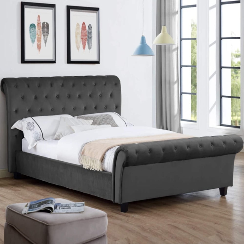 Calvine Velvet Double Bed In Smoke | Bed Sava