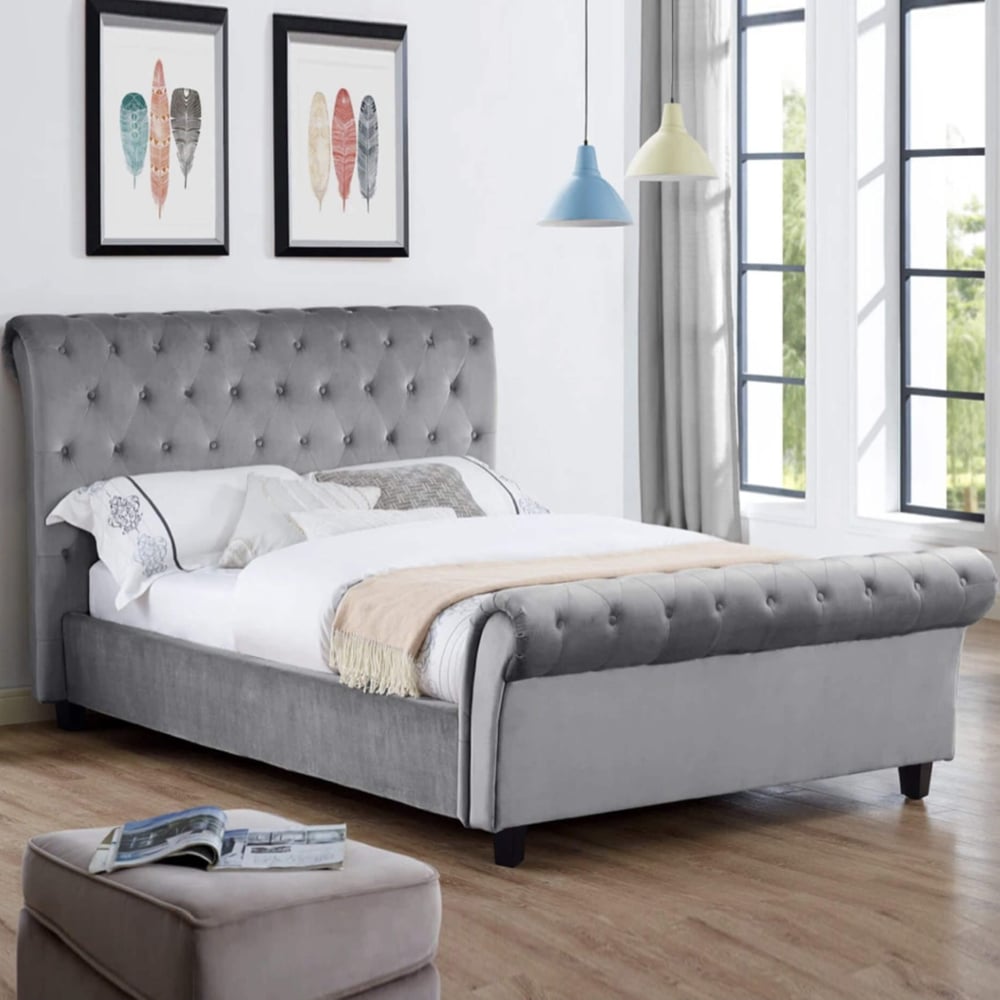 Calvine Velvet King Size Bed In Silver | Bed Sava