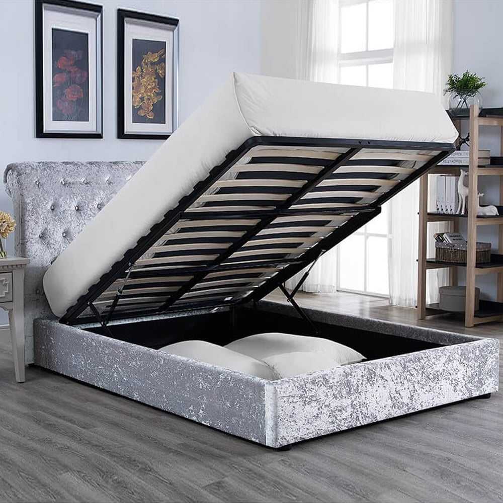 Calvine Velvet Ottoman Storage King Size Bed In Grey | Bed Sava