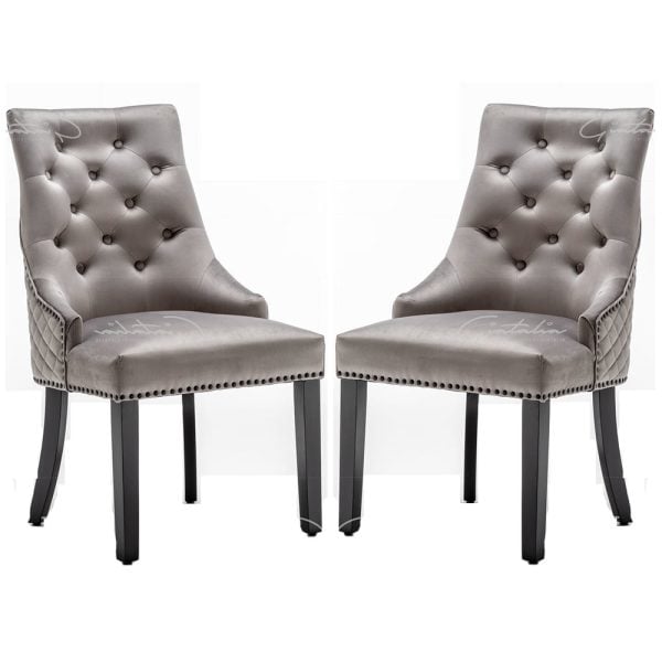 Camarillo Light Grey Velvet Dining Chairs With Black Legs In Pair | Bed Sava