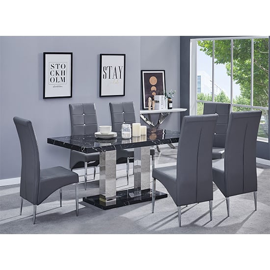 Candice Milano Marble Effect Dining Table 6 Vesta Grey Chairs | Bed Sava