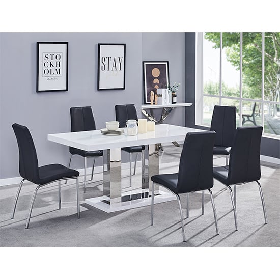 Candice White High Gloss Dining Table With 6 Opal Black Chairs | Bed Sava