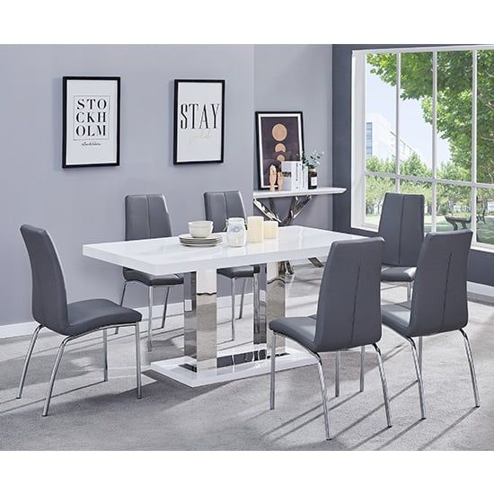 Candice White High Gloss Dining Table With 6 Opal Grey Chairs | Bed Sava