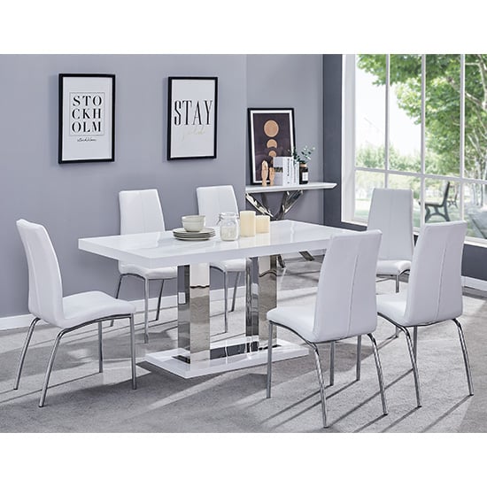 Candice White High Gloss Dining Table With 6 Opal White Chairs | Bed Sava