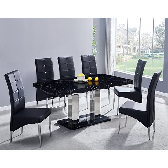 Candice Milano Marble Effect Dining Table 6 Vesta Black Chairs | Bed Sava