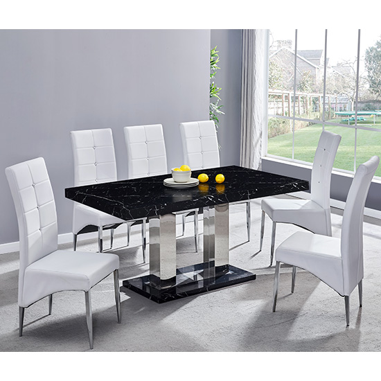 Candice Milano Marble Effect Dining Table 6 Vesta White Chairs | Bed Sava