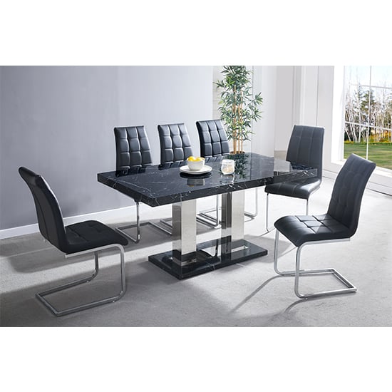 Candice Milano Marble Effect Dining Table 6 Paris Black Chairs | Bed Sava