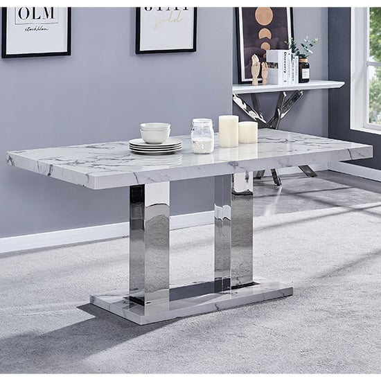 Candice High Gloss Dining Table In Diva Marble Effect | Bed Sava