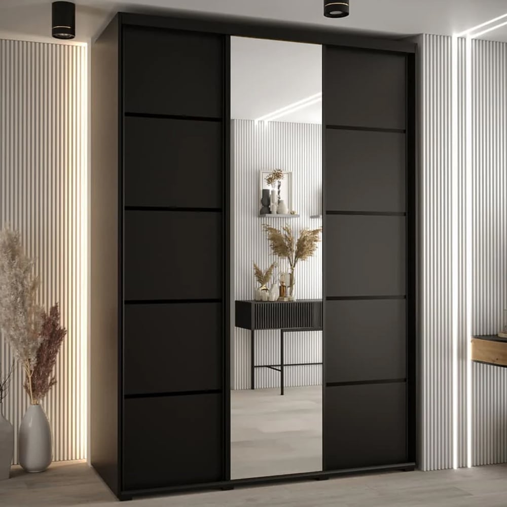 Canon Large Wooden Wardrobe With 3 Sliding Doors In Black | Bed Sava