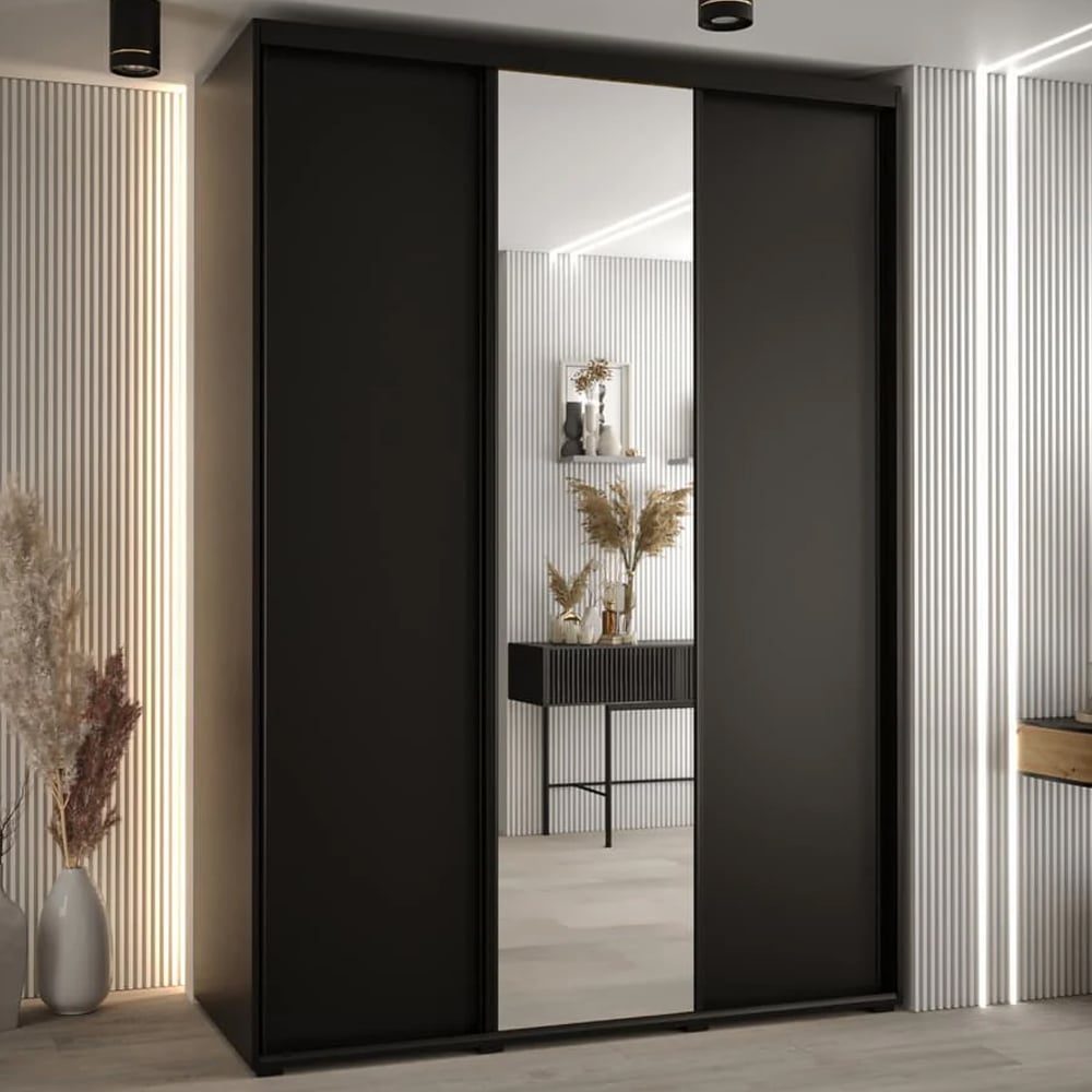Canon Small Wooden Wardrobe With 3 Sliding Doors In Black | Bed Sava