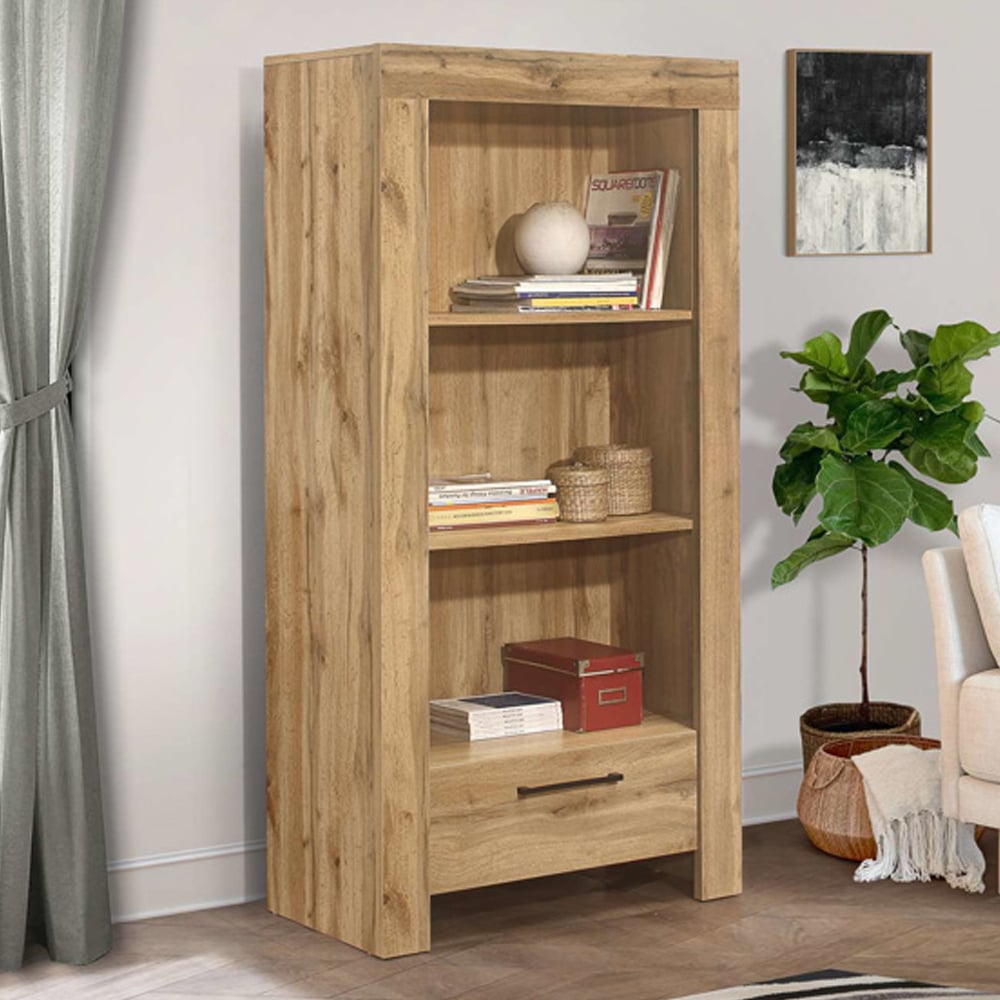 Canton Wooden Bookcase With 3 Shelves And 1 Drawer In Oak