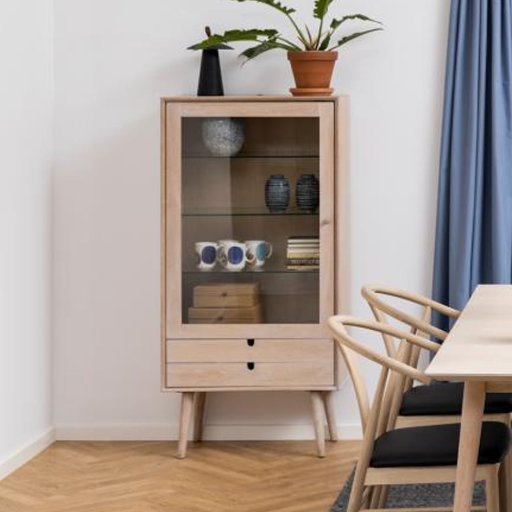 Canton Wooden Display Cabinet With 1 Door 2 Drawers In White Oak