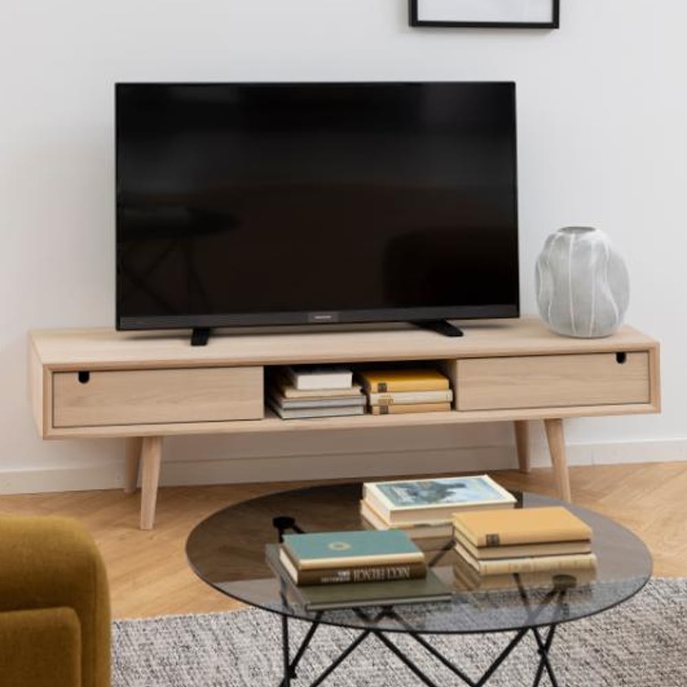 Canton Wooden TV Stand With 2 Sliding Doors In White Oak