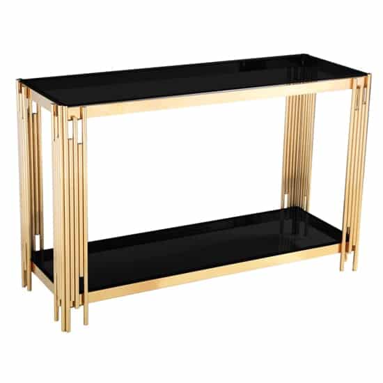 Cappy Black Glass Console Table With Gold Metal Frame | Bed Sava