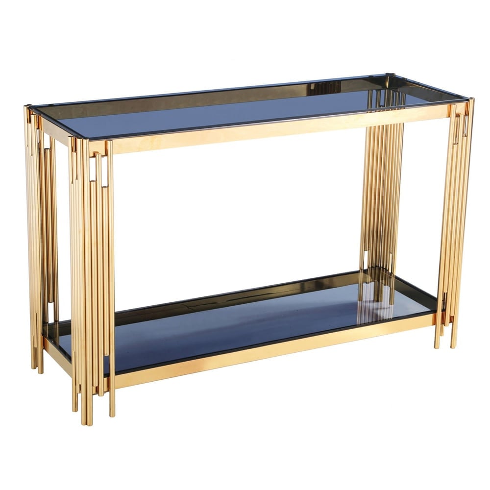 Cappy Grey Glass Console Table With Gold Metal Frame | Bed Sava