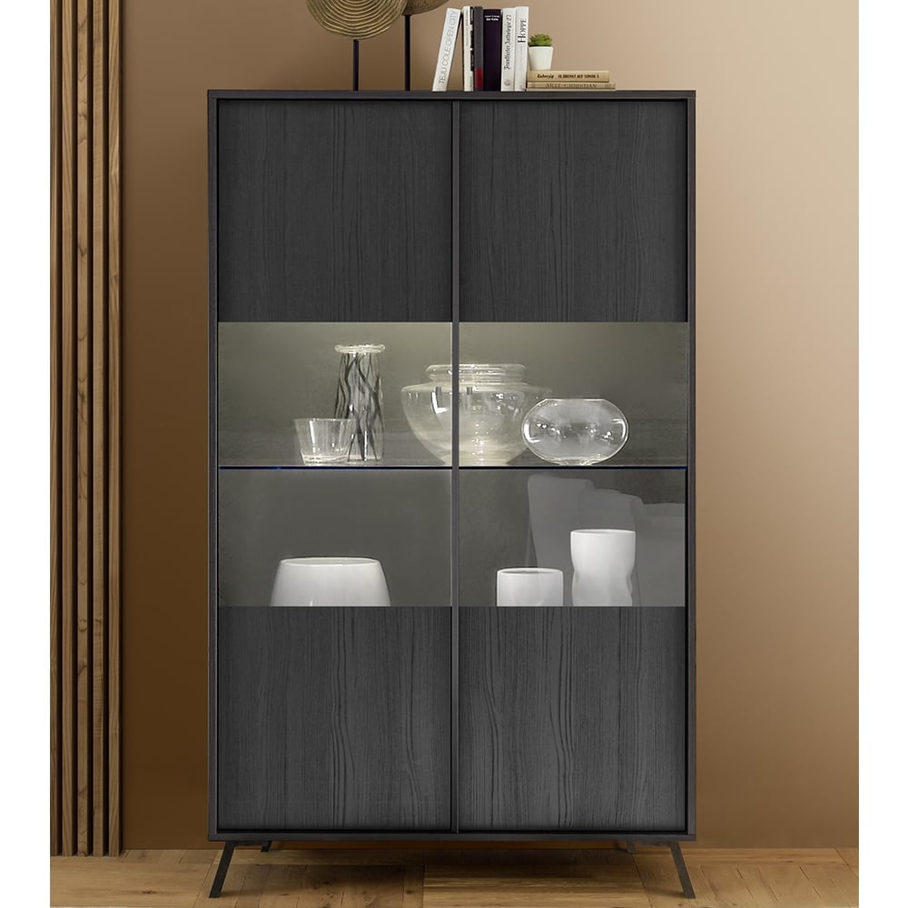 Cappy Wooden Display Cabinet With 2 Doors In Black And LED