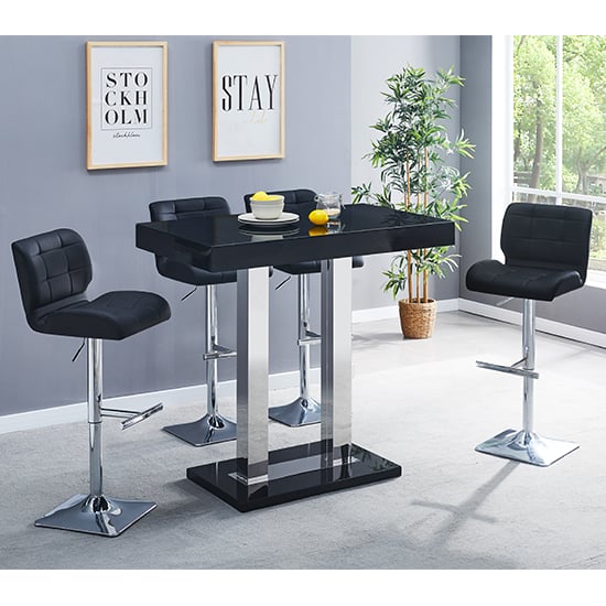 Caprice Black High Gloss Bar Table 4 Candid Black Stools | Bed Sava