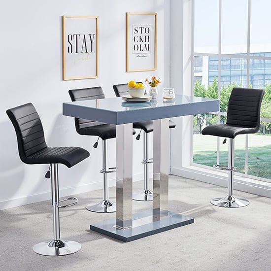 Caprice Grey High Gloss Bar Table 4 Ripple Black Stools | Bed Sava