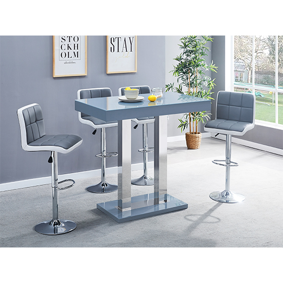 Caprice Grey High Gloss Bar Table 4 Copez Grey White Stools | Bed Sava