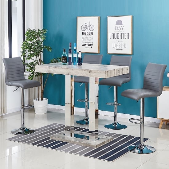 Caprice Grey Oak Effect Bar Table With 4 Ripple Grey Stools | Bed Sava