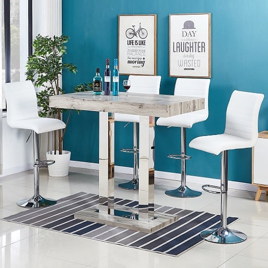 Caprice Grey Oak Effect Bar Table With 4 Ripple White Stools | Bed Sava