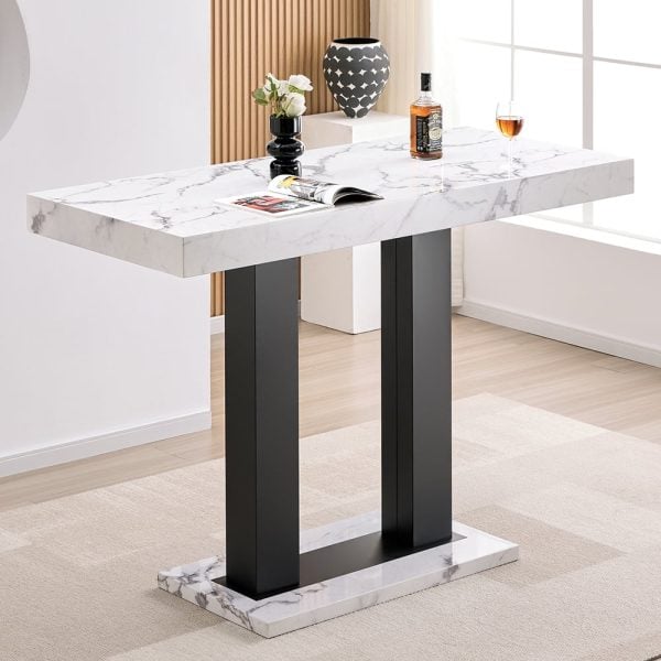 Caprice Large Gloss Bar Table With Black Base In Diva Marble Effect | Bed Sava