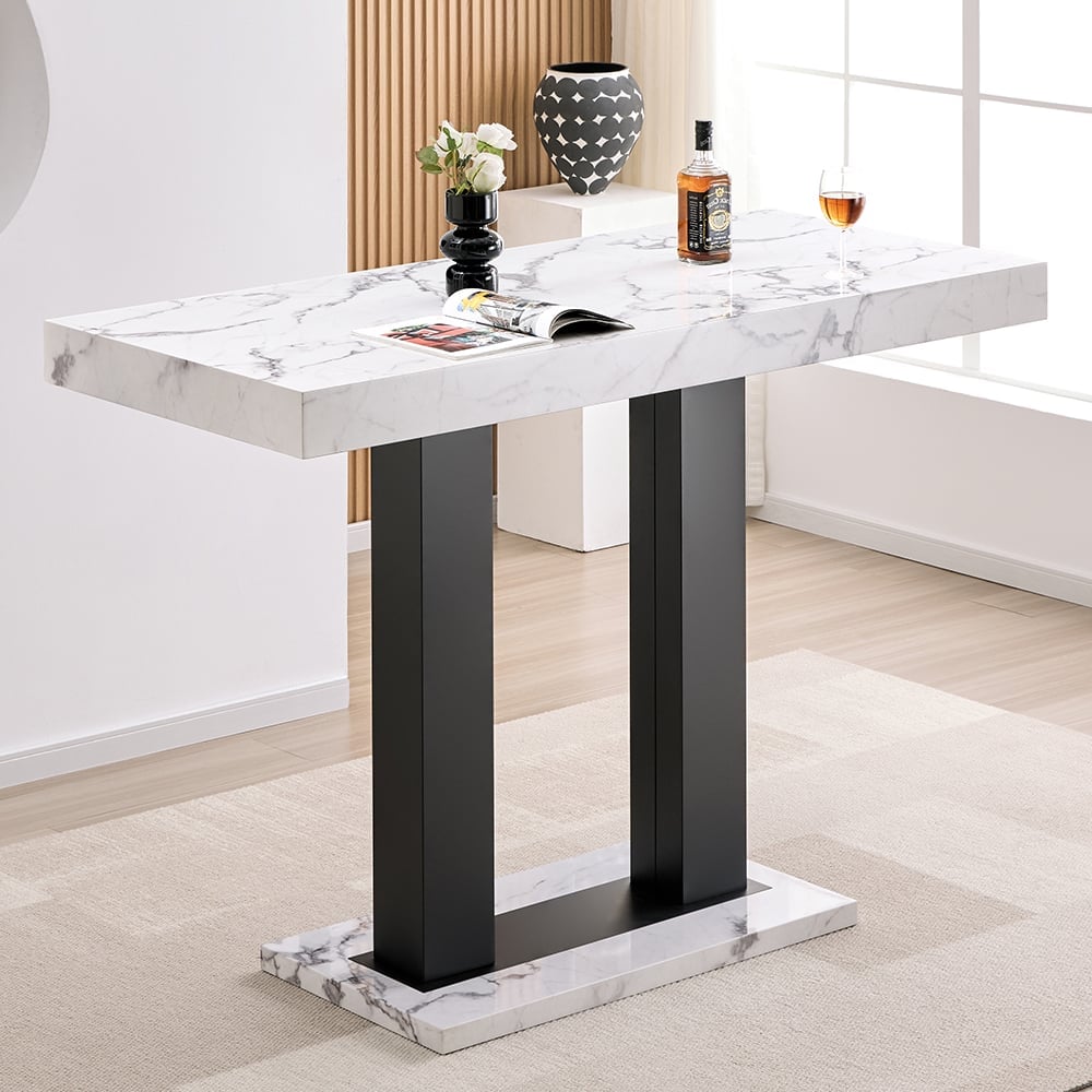 Caprice Large Gloss Bar Table With Black Base In Diva Marble Effect | Bed Sava