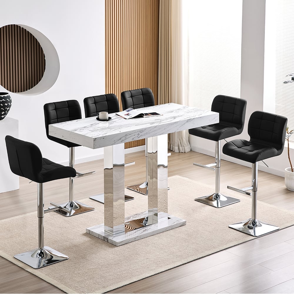 Caprice Large Filo Effect Gloss Bar Table 6 Candid Black Stools | Bed Sava