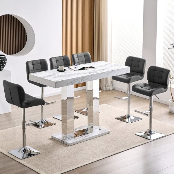 Caprice Large Filo Effect Gloss Bar Table 6 Candid Grey Stools | Bed Sava