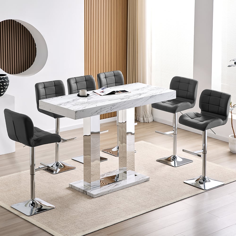 Caprice Large Filo Effect Gloss Bar Table 6 Candid Grey Stools | Bed Sava