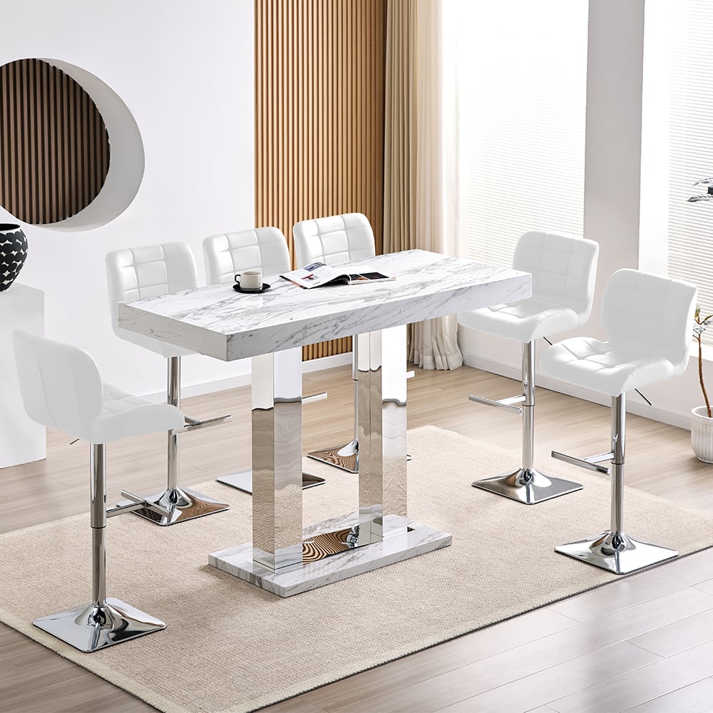 Caprice Large Filo Effect Gloss Bar Table 6 Candid White Stools | Bed Sava