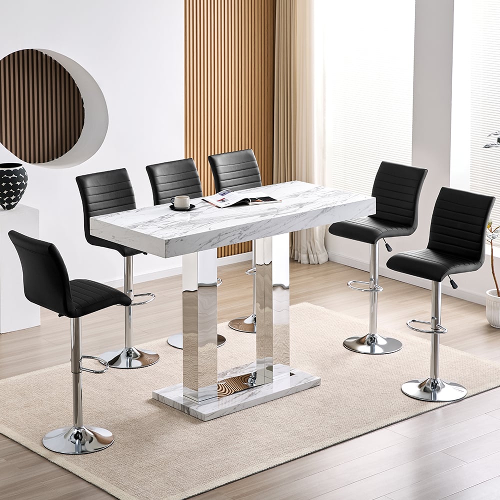 Caprice Large Filo Effect Gloss Bar Table 6 Ripple Black Stools | Bed Sava