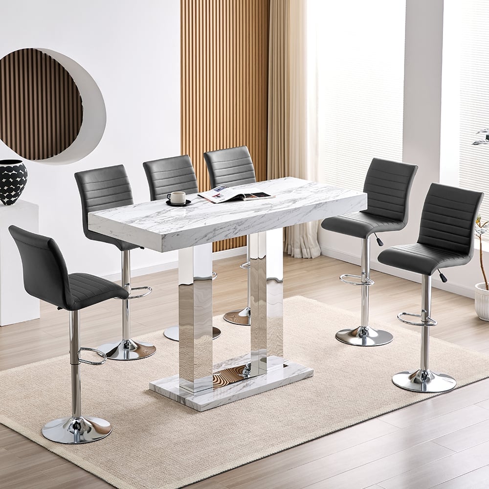 Caprice Large Filo Effect Gloss Bar Table 6 Ripple Grey Stools | Bed Sava